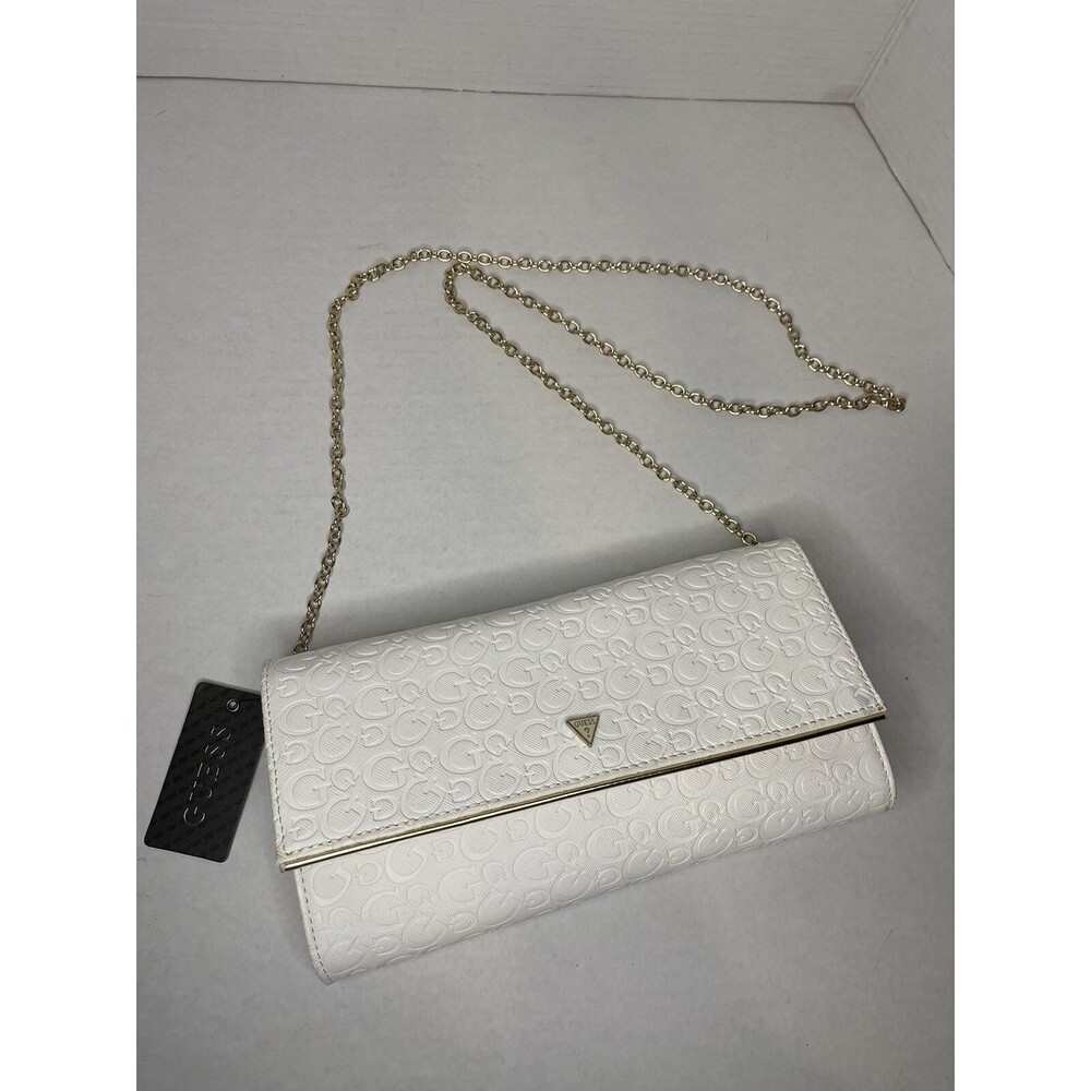 GUESS Ashlyn White Faux Leather Fold Over Gold Chain Clutch Saffiano Embossed